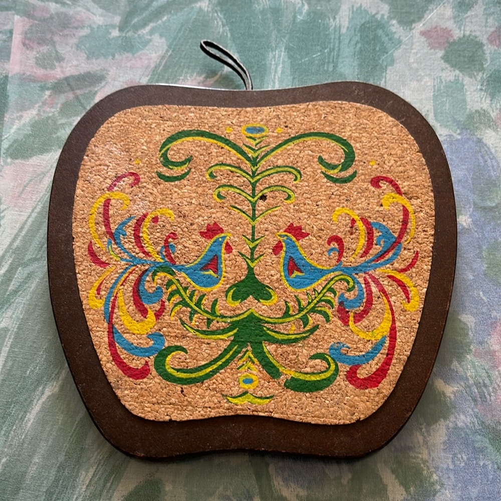 Vintage Folk Art Hand Painted Cork Trivet Wall Decor